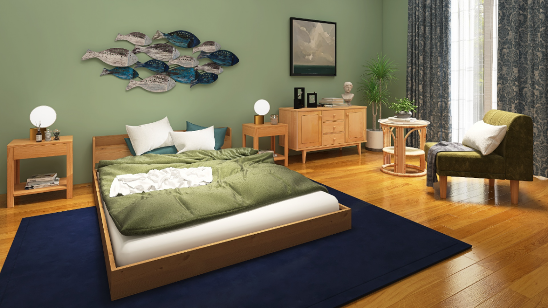 癒し効果バツグンの青とグリーンを取り入れた北欧風寝室コーデ