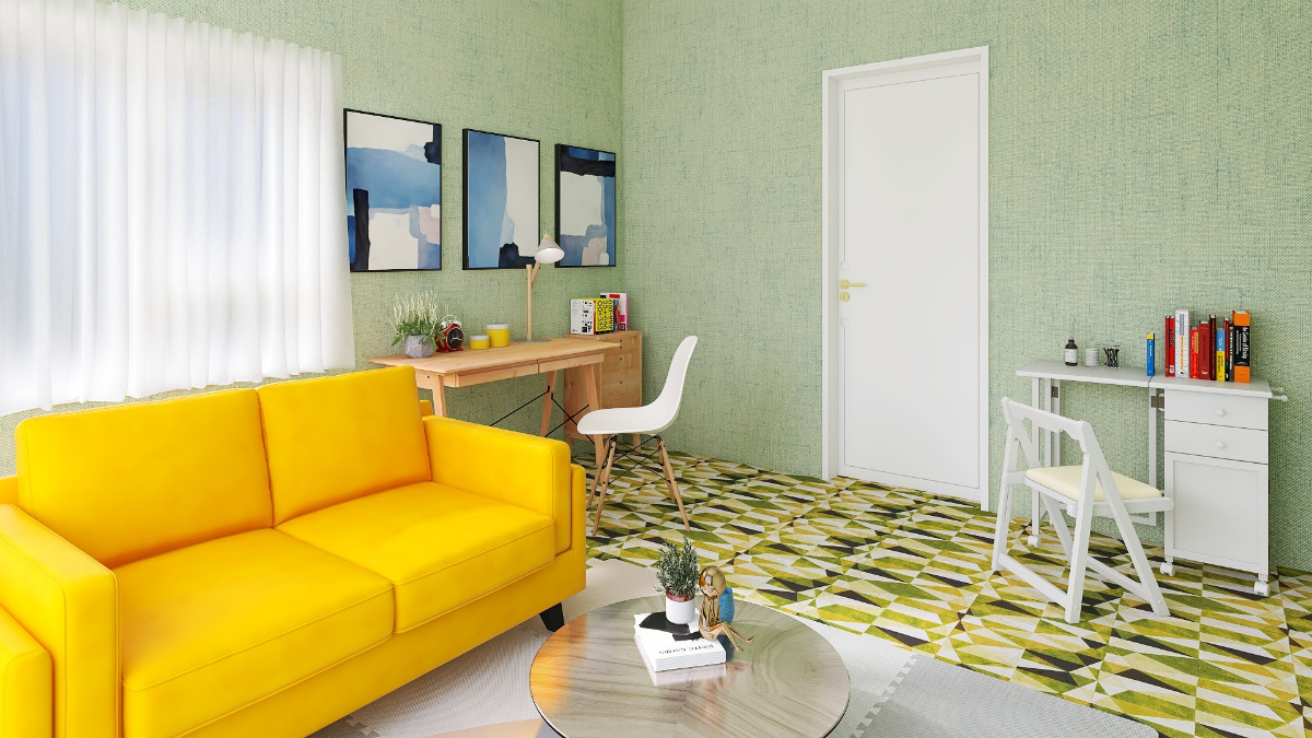 イエローソファが目を惹く北欧モダン♪子供の相部屋や夫婦のお部屋に