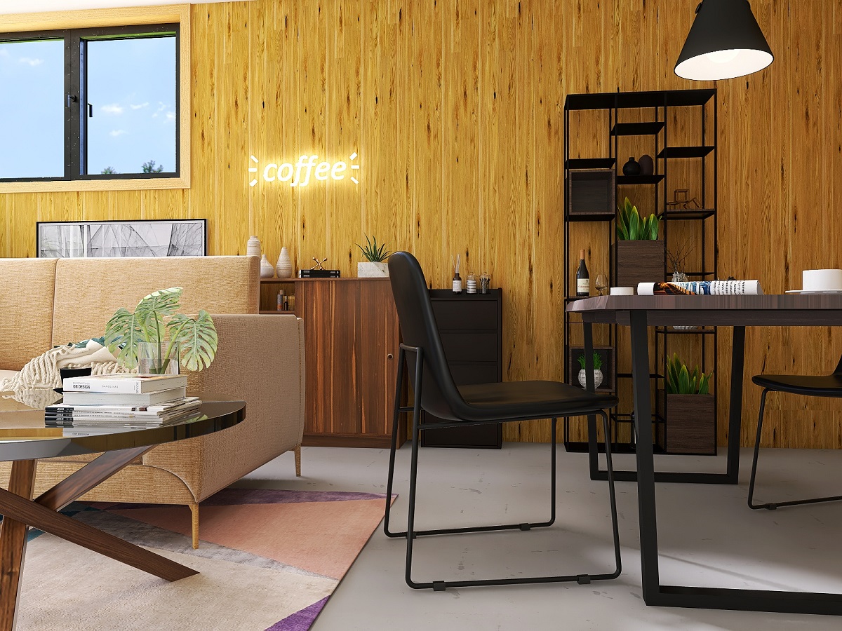 ブラウンに黒を効かせた一人暮らしの14畳リビングコーディネート