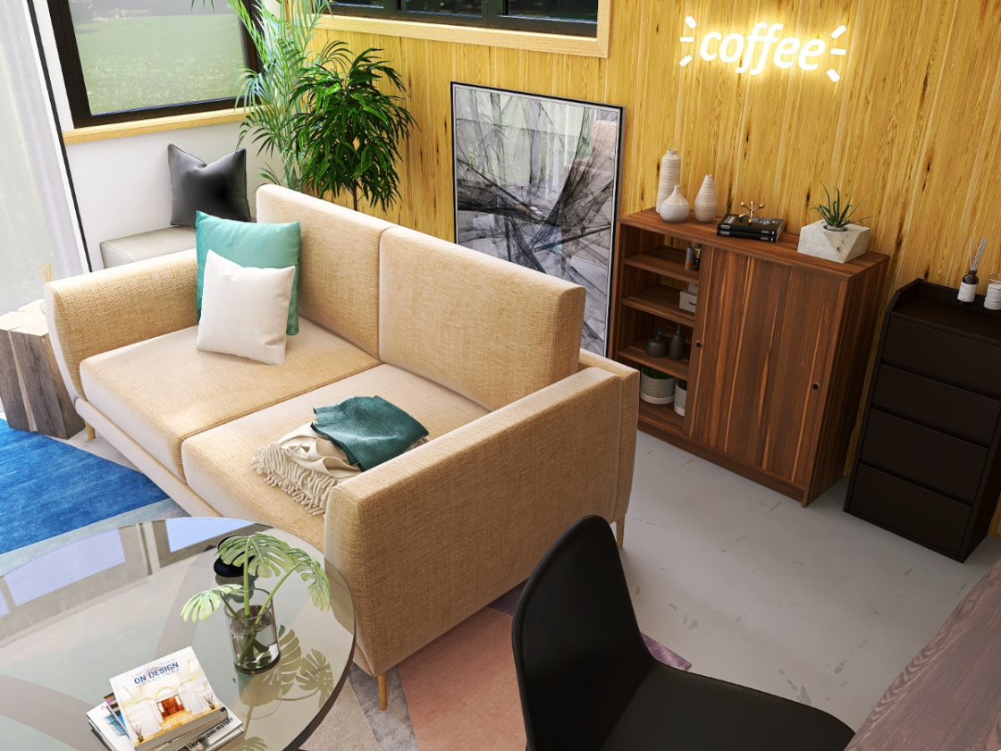 ブラウンに黒を効かせた一人暮らしの14畳リビングコーディネート