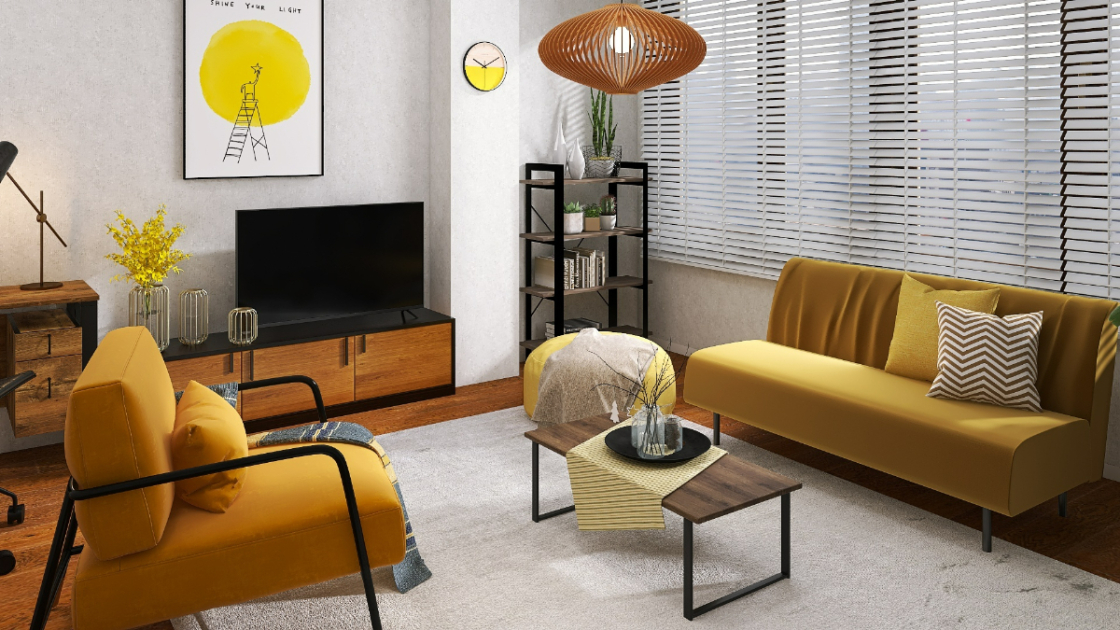 ほっとできる空間が嬉しい！ブラウンと黄色が調和するモダンリビング