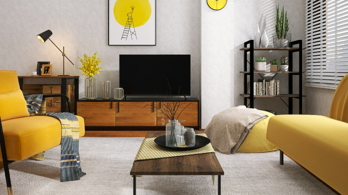 ほっとできる空間が嬉しい！ブラウンと黄色が調和するモダンリビング