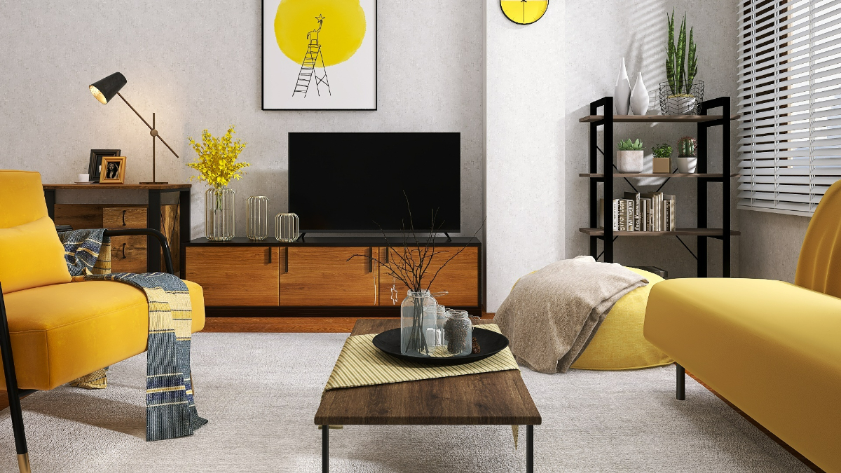 ほっとできる空間が嬉しい！ブラウンと黄色が調和するモダンリビング