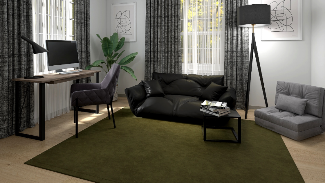 ブラックソファ×グリーンラグ】温もり感じる8畳モダンコーデ