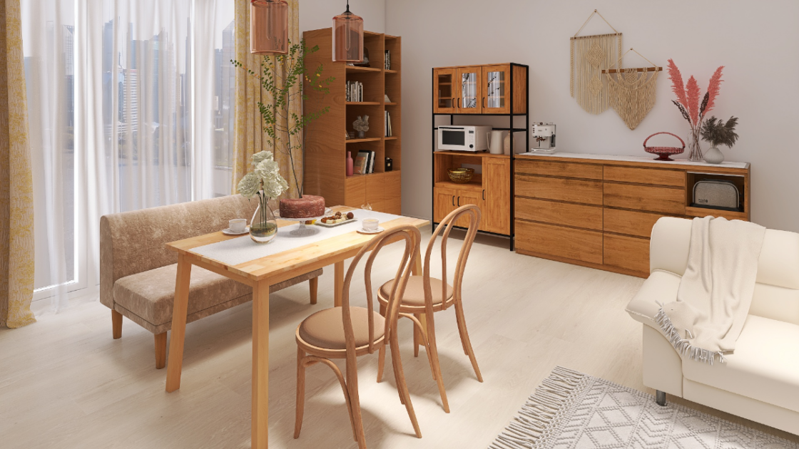北欧カフェ風】柔らかな木のあたたかみ感じるリビングダイニング