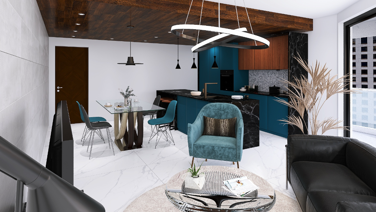 モノトーンにターコイズが映える！豪華なモダンリビング・ダイニング