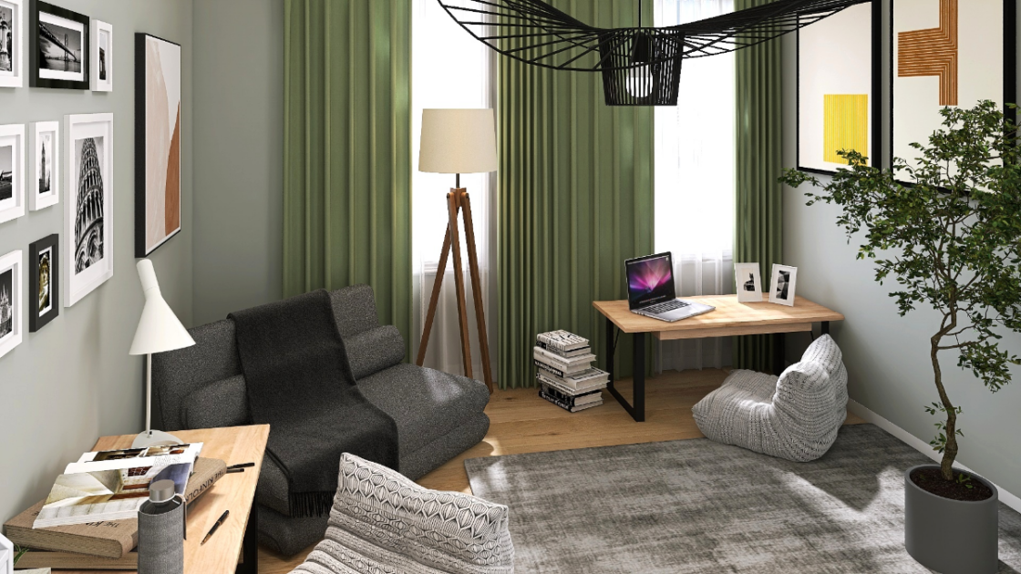 クールで洗練された北欧コーデ】グレー×グリーンが魅せる6畳書斎