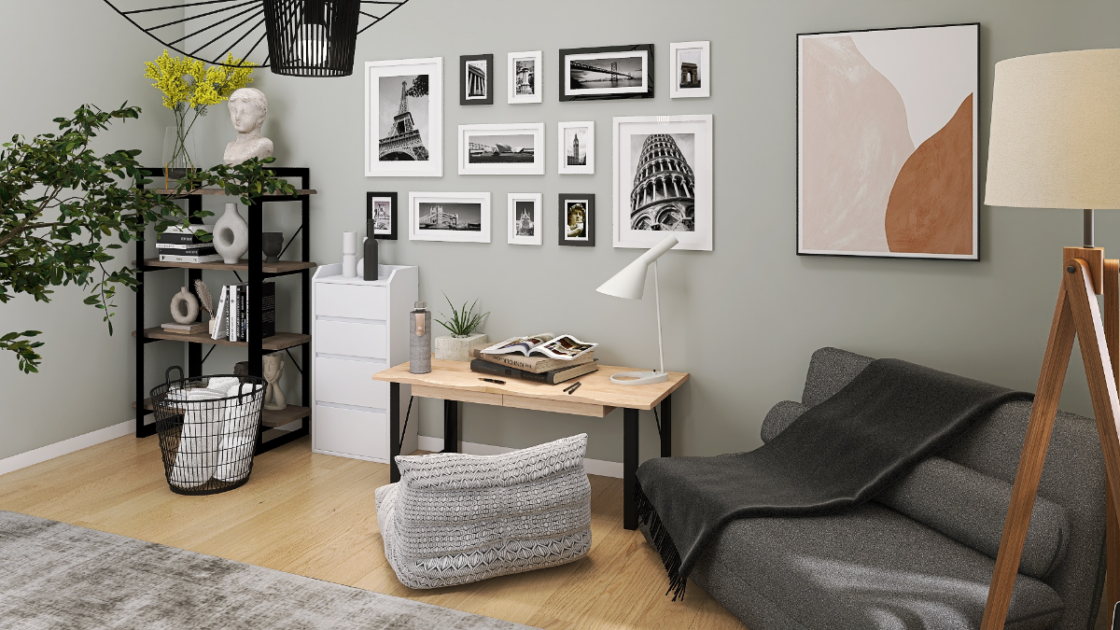 クールで洗練された北欧コーデ】グレー×グリーンが魅せる6畳書斎