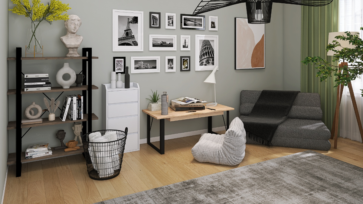 クールで洗練された北欧コーデ】グレー×グリーンが魅せる6畳書斎