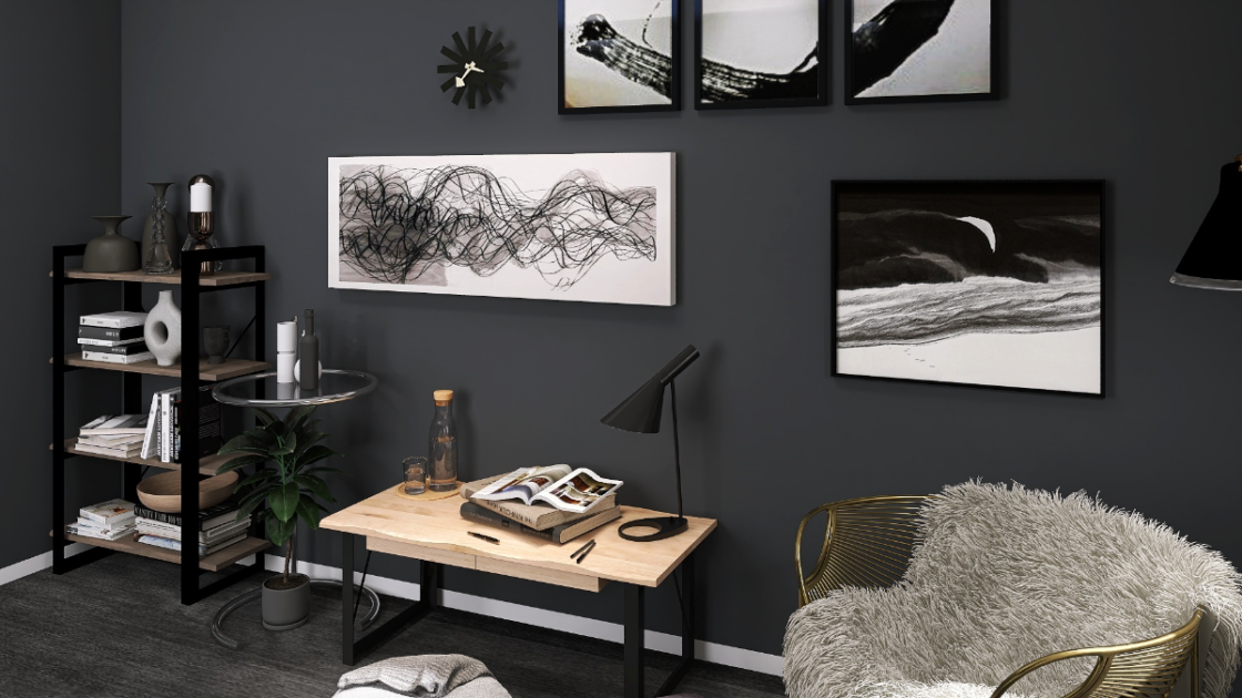 ブラック×ベージュのラグジュアリーな書斎♡観葉植物がアクセント