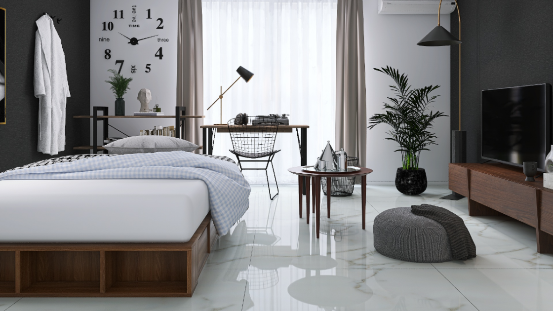 モノトーン×木目調デザインの温もり】収納上手な10畳モダン寝室