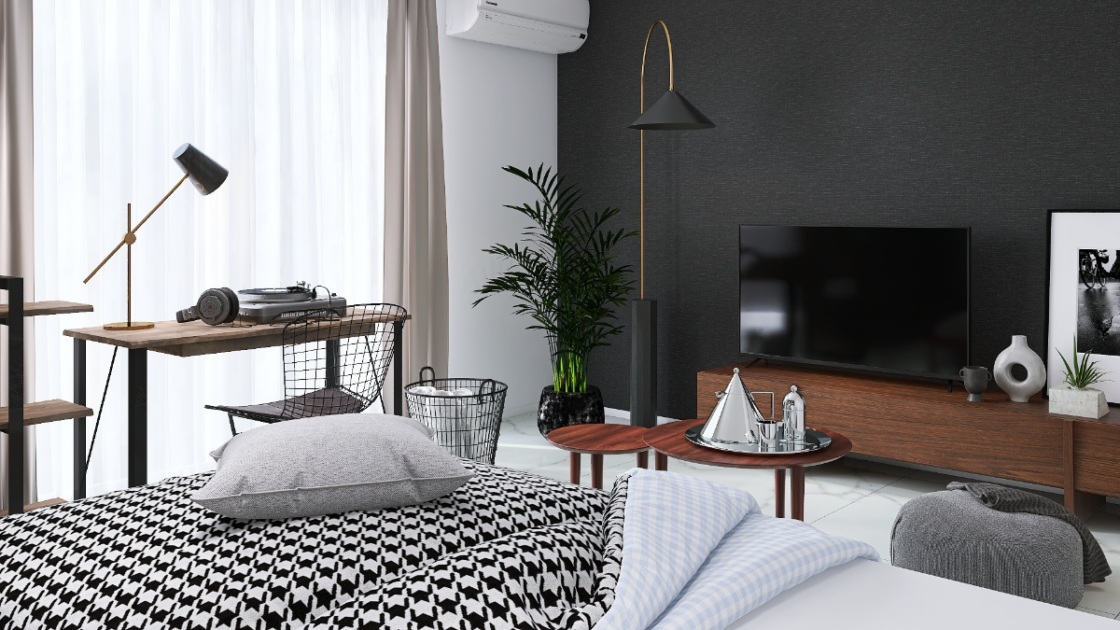 モノトーン×木目調デザインの温もり】収納上手な10畳モダン寝室