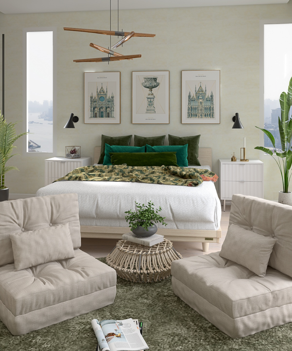 目で見て癒やされる♡グリーンとベージュで作る12畳寝室インテリア