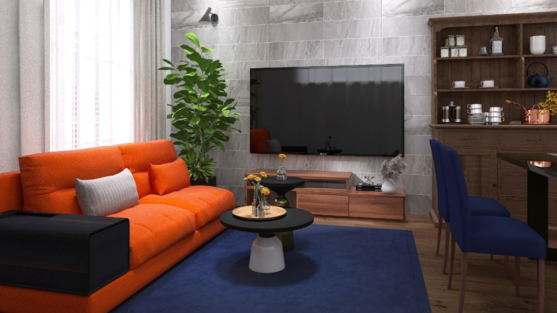 オレンジと青のコントラストで気分が上がる！魅力的なリビングコーデ