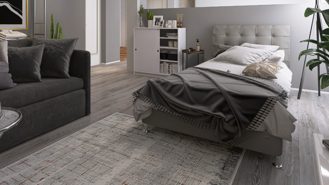 グレーのレザーベッドが主役♪モノトーンで魅せるクラシックな空間