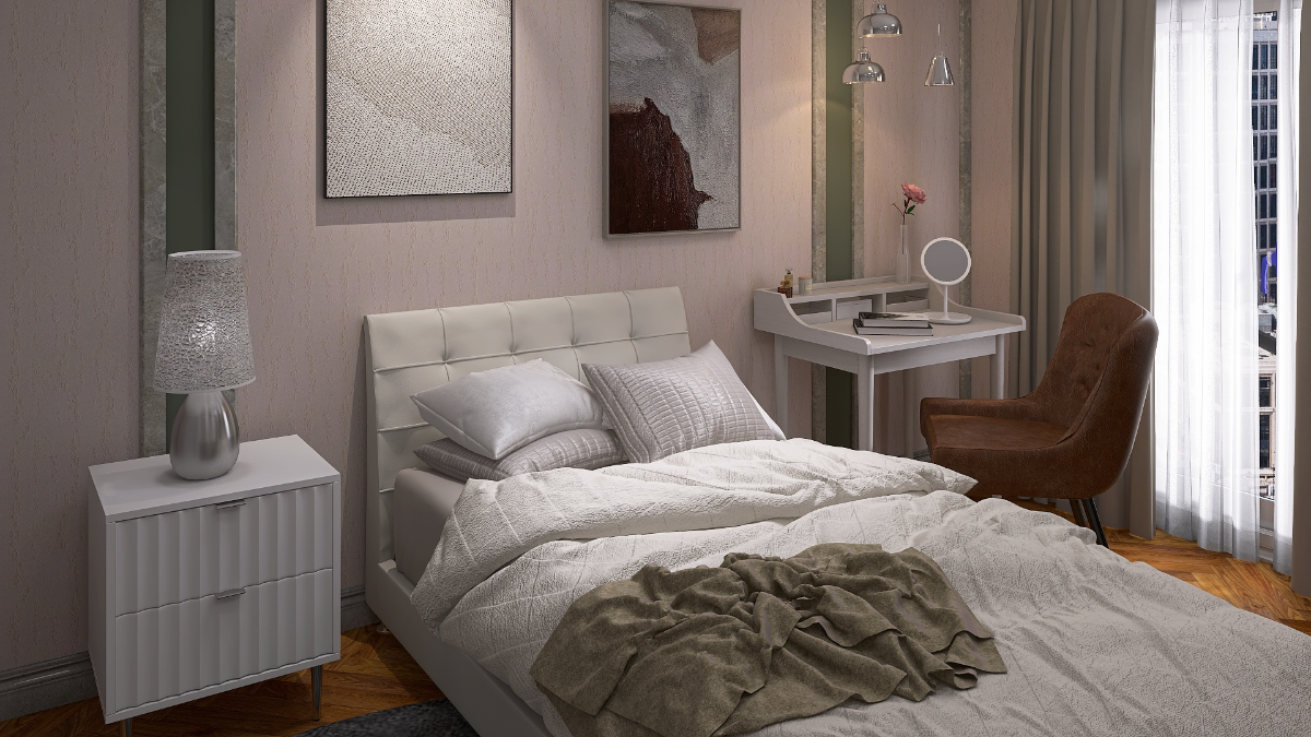 白のレザーベッドが主役♡ラグジュアリーさが魅力の8畳寝室コーデ