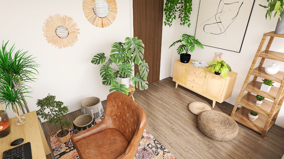 植物好きさん必見♪ブラウンとグリーンで統一したカフェ風の書斎