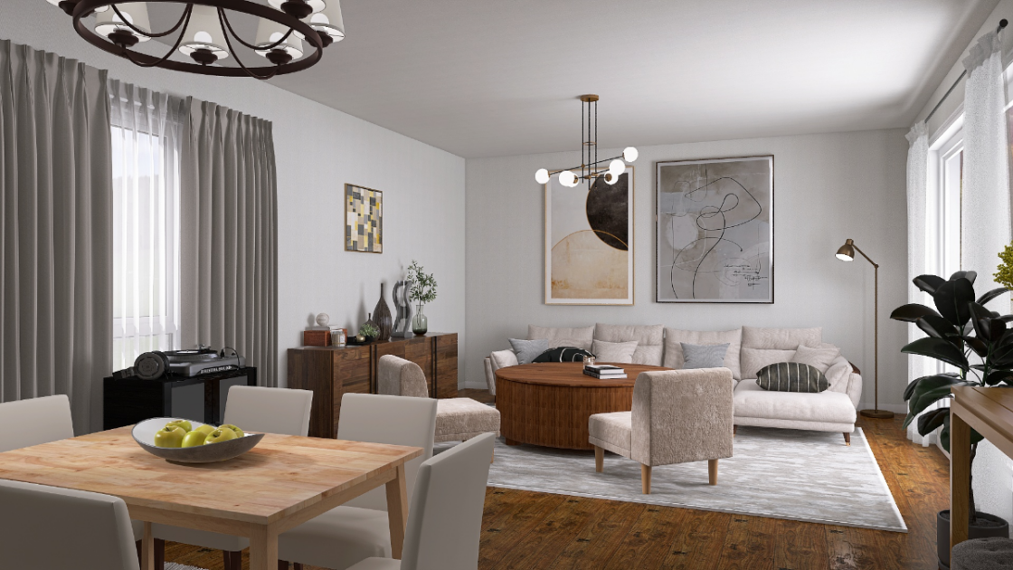 淡いベージュの優しいモダンコーデ♡家族で暮らすリビングダイニング