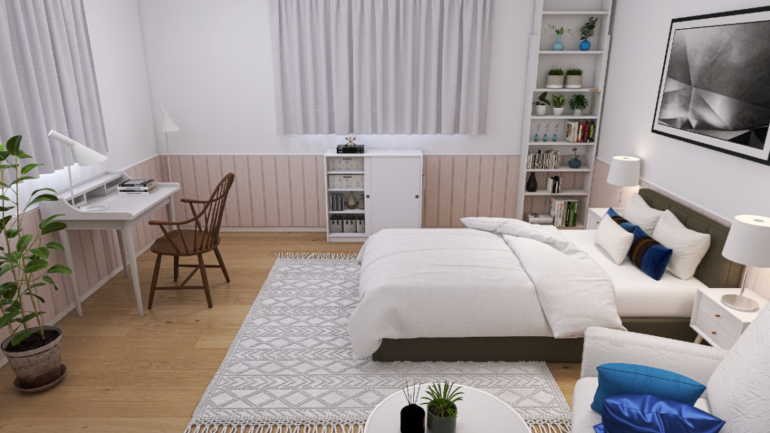 シンプルモダンコーデ＞白×ベージュで開放的な一人暮らしの寝室