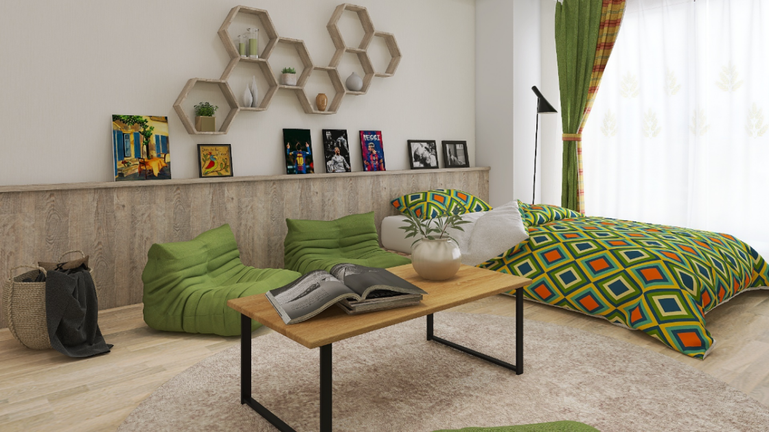 グリーンとオレンジで作る！個性が光る北欧風の12畳ワンルーム