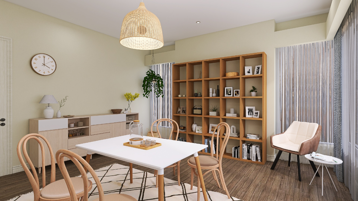 ベージュ×白＞ディスプレイ収納を楽しめるリビングダイニング