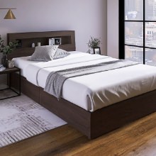 寛ぎの形  フランスベッド 収納棚・ライト付き 引出し収納ベッド ウォールナット(ワイドダブル)