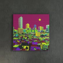 静寂のパープルアート 月と住宅街のファブリックパネル