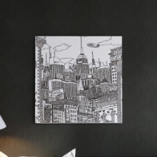 モノクロデザインで存在感のある 街並みイラストのファブリックパネル