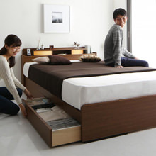 通常サイズより10cm長いロング丈 棚・照明付き収納ベッド(シングルベッド)
