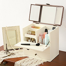 たくさん入るアンティーク調の コスメボックス (チャコールグレー/クリーム)