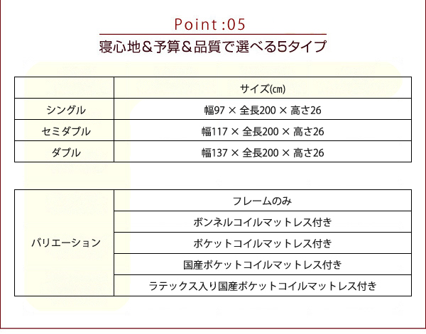 寝心地&予算&品質で選べる5タイプ