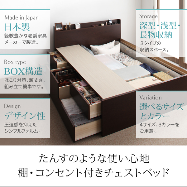 脅威の大容量収納 棚・コンセント付きチェストベッド(ダブルベッド)