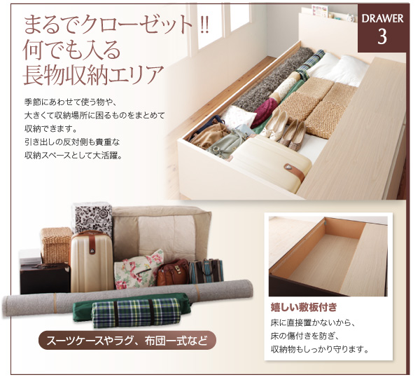 清潔仕様 日本製 棚・コンセント付き大容量すのこチェストベッド (セミ