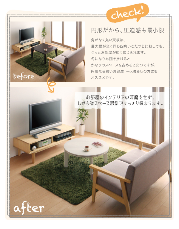 お部屋の印象をガラリと変える 天板リバーシブルこたつテーブル 円形の詳細 カヴァース