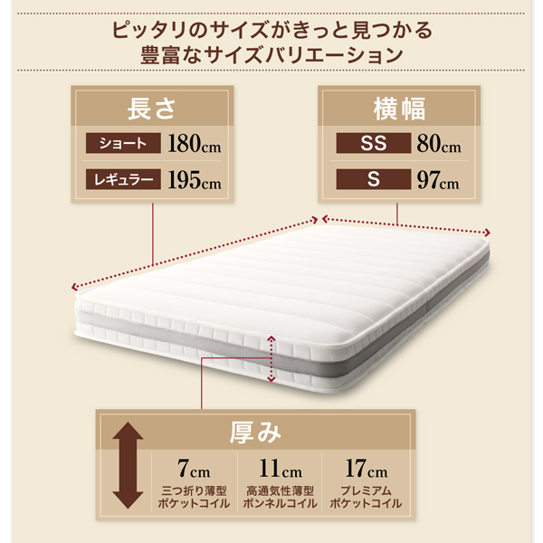 ショート丈対応 コンパクトマットレス三つ折り薄型ポケットコイル (セミシングル)の詳細 | カヴァース