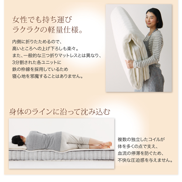 ショート丈対応 コンパクトマットレス三つ折り薄型ポケットコイル (セミシングル)の詳細 | カヴァース