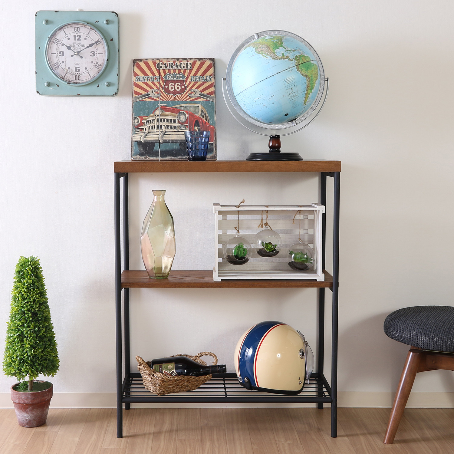 木製棚板とアイアンフレームのオープンシェルフ lushroom オープンラック 木製 ウォールナット オーク 無垢 奥行