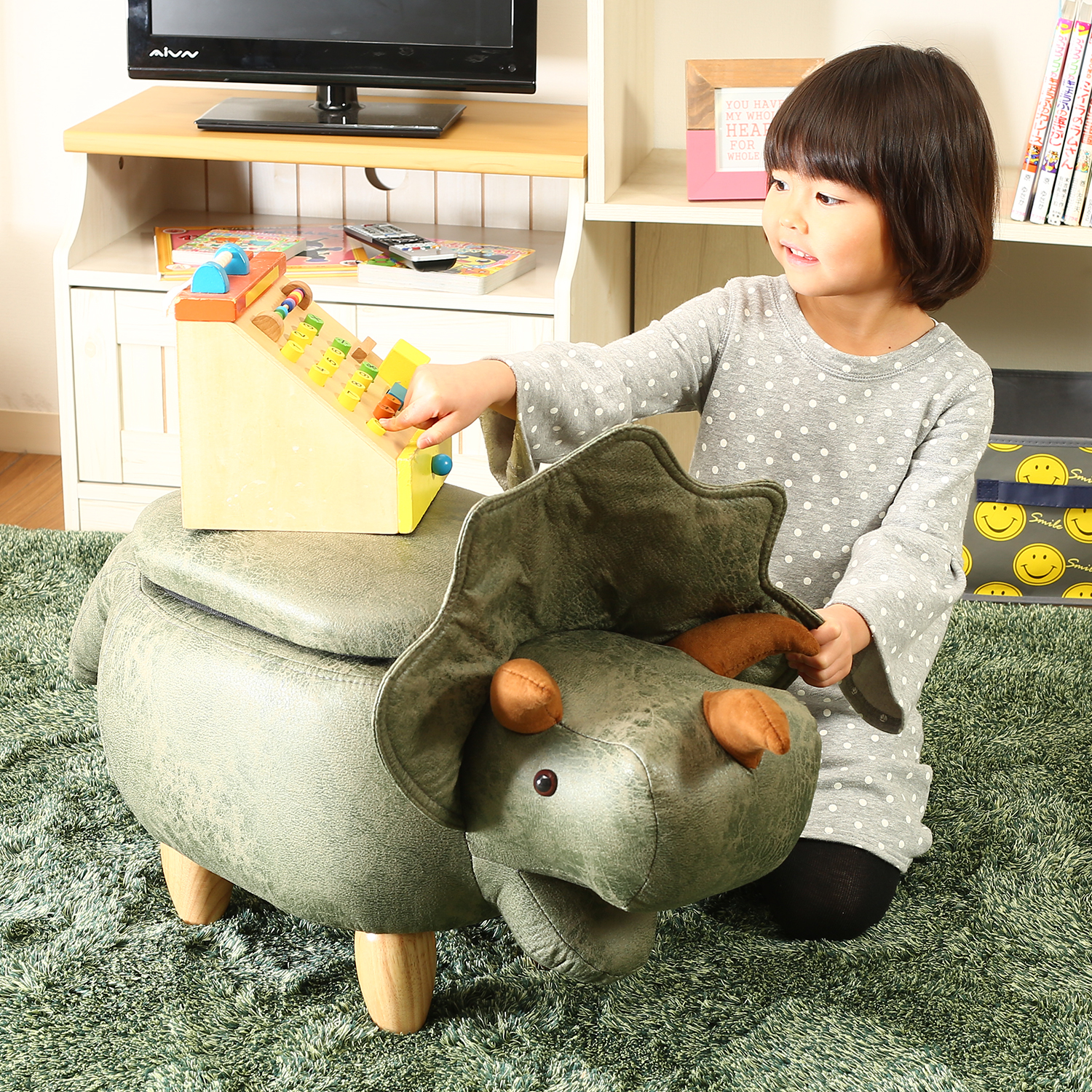 アニマルスツール 収納付き ダイナソー グリーン W960×D430×H540 天然木 綿 収納付き チェア 子供部屋 キッズルーム 不二貿易 インテリア家具 法人様限定 アニマルスツール収納付き ダイナソー グリーン | 家具,椅子 | BISQUE